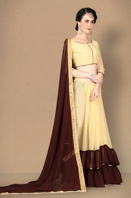 Brown plain georgette saree with blouse 2
