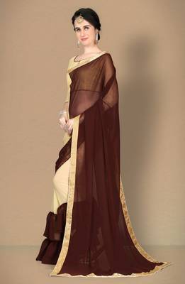 Brown plain georgette saree with blouse 3