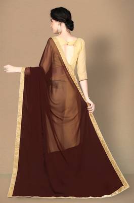Brown plain georgette saree with blouse 4