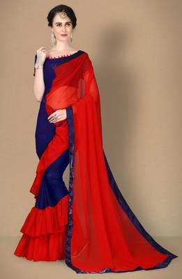 Red plain georgette saree with blouse 1