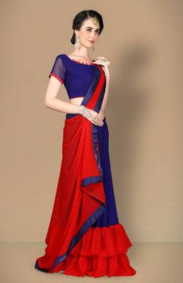 Red plain georgette saree with blouse 2