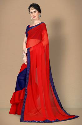 Red plain georgette saree with blouse 3