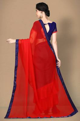 Red plain georgette saree with blouse 4