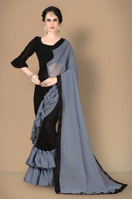 Grey plain georgette saree with blouse 1