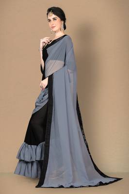 Grey plain georgette saree with blouse 3