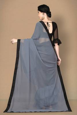Grey plain georgette saree with blouse 4