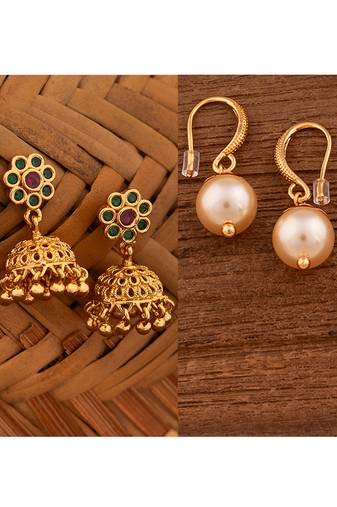 Two pairs of earrings Jhumki and swarovski light gold pearl one gram gold