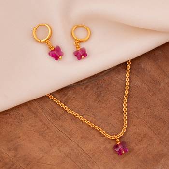 Gold SHORT chain and earrings set with Swarovski Fuchsia butterfly one gram gold 1