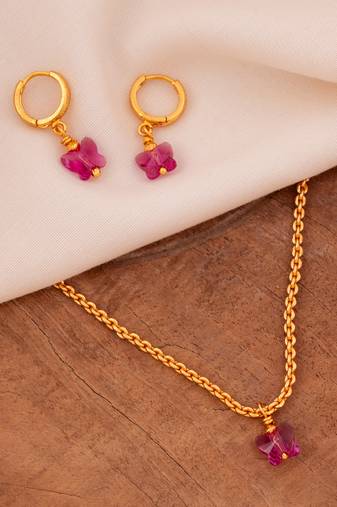Gold SHORT chain and earrings set with Swarovski Fuchsia butterfly one gram gold