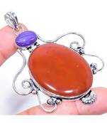 Red Jasper, Charoite Ethnic  Silver Jewelry Pendant 2.56 inches