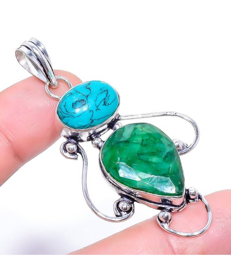 Sakota Mines Emerald Ethnic  Silver Jewelry Pendant 2.60 inches