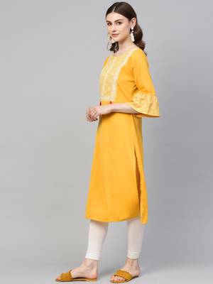 Yellow printed crepe kurtas-and-kurtis 3