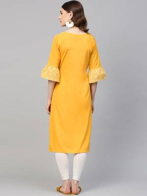 Yellow printed crepe kurtas-and-kurtis 4