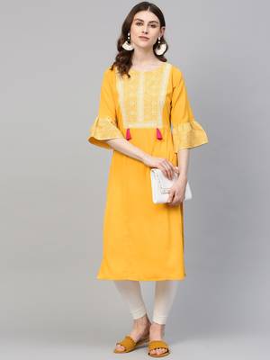 Yellow printed crepe kurtas-and-kurtis 5