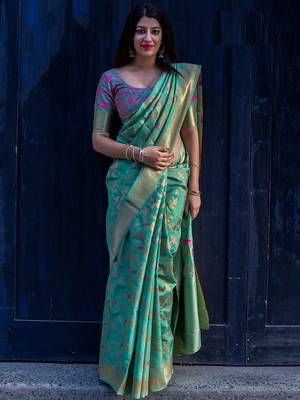 Green woven banarasi silk saree with blouse 1