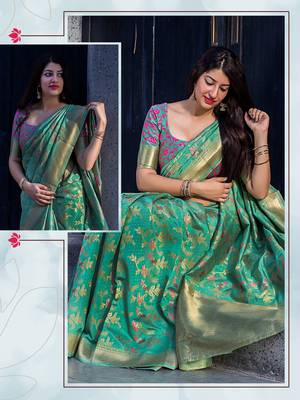 Green woven banarasi silk saree with blouse 2