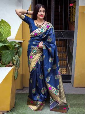 Blue woven banarasi silk saree with blouse 1