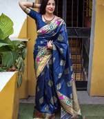 Blue woven banarasi silk saree with blouse