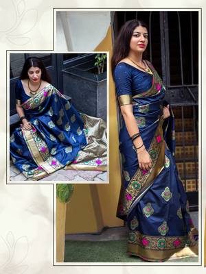 Blue woven banarasi silk saree with blouse 2