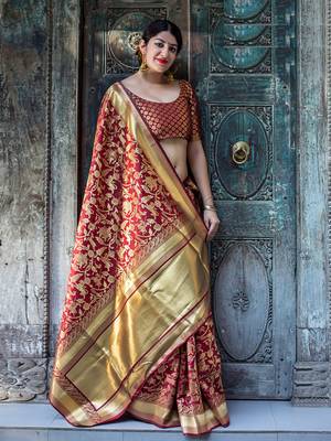Maroon woven banarasi silk saree with blouse 1