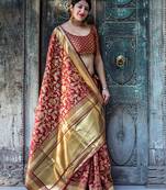 Maroon woven banarasi silk saree with blouse