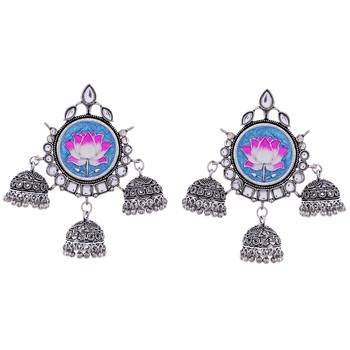 Black Oxidised Lotus Design Jhumki Pattern Earring 1