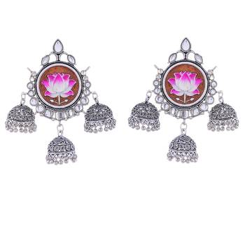 Black Oxidised Lotus Design Jhumki Pattern Earring 1