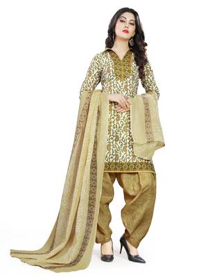 Beige Printed Cotton Unstitched Salwar With Dupatta 1