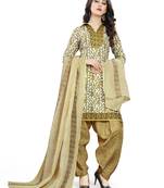 Beige Printed Cotton Unstitched Salwar With Dupatta