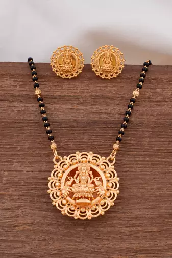 Black beads SHORT mangalsutra with Laxmi pendant and earrings one gram gold