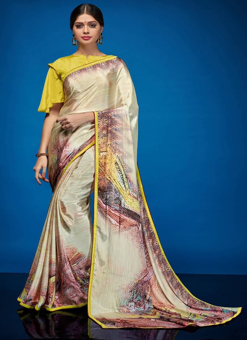 Cream printed crepe saree with blouse Hanilex Fashion 2870742