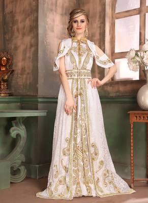White Embroidered Crepe Islamic Kaftans 1
