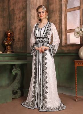 White Embroidered Crepe Islamic Kaftans 2