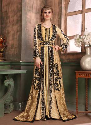 Beige Embroidered Crepe Islamic Kaftans 1