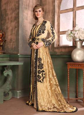 Beige Embroidered Crepe Islamic Kaftans 2