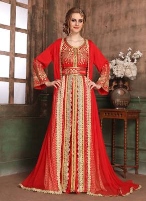 Red Embroidered Crepe Islamic Kaftans 2