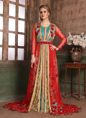 Green And Red Embroidered Crepe Muslim Wedding Dress 1