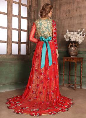 Green And Red Embroidered Crepe Muslim Wedding Dress 3