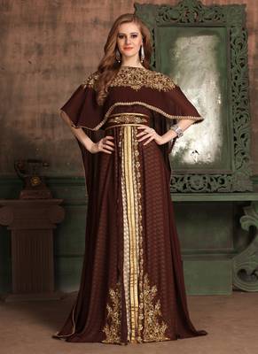Brown Embroidered Georgette Islamic Kaftans 1