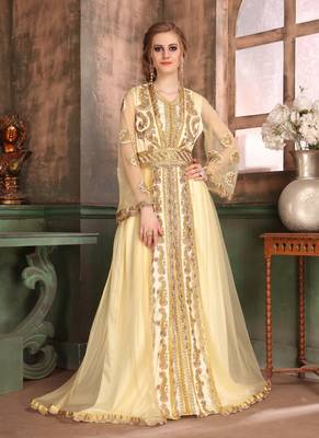 Off White Embroidered Satin Islamic Kaftans 1