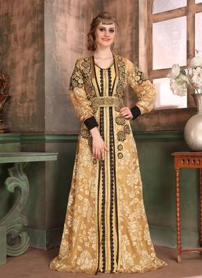 Beige Embroidered Crepe Islamic Kaftans 1