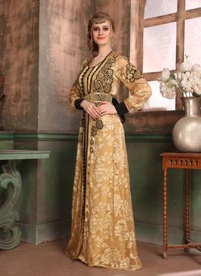 Beige Embroidered Crepe Islamic Kaftans 2