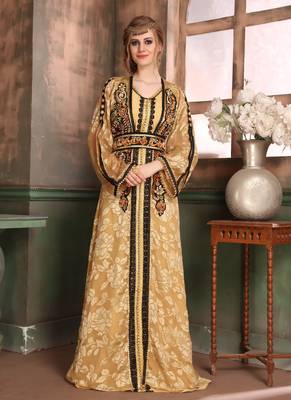 Beige Embroidered Crepe Islamic Kaftans 1