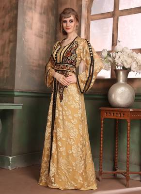 Beige Embroidered Crepe Islamic Kaftans 2