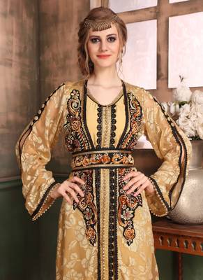 Beige Embroidered Crepe Islamic Kaftans 3