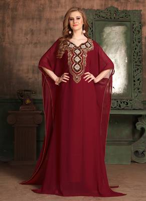Maroon Embroidered Georgette Islamic Kaftans 1