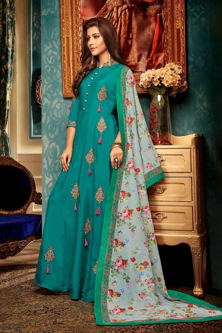 Turquoise Embroidered Silk Salwar With Dupatta