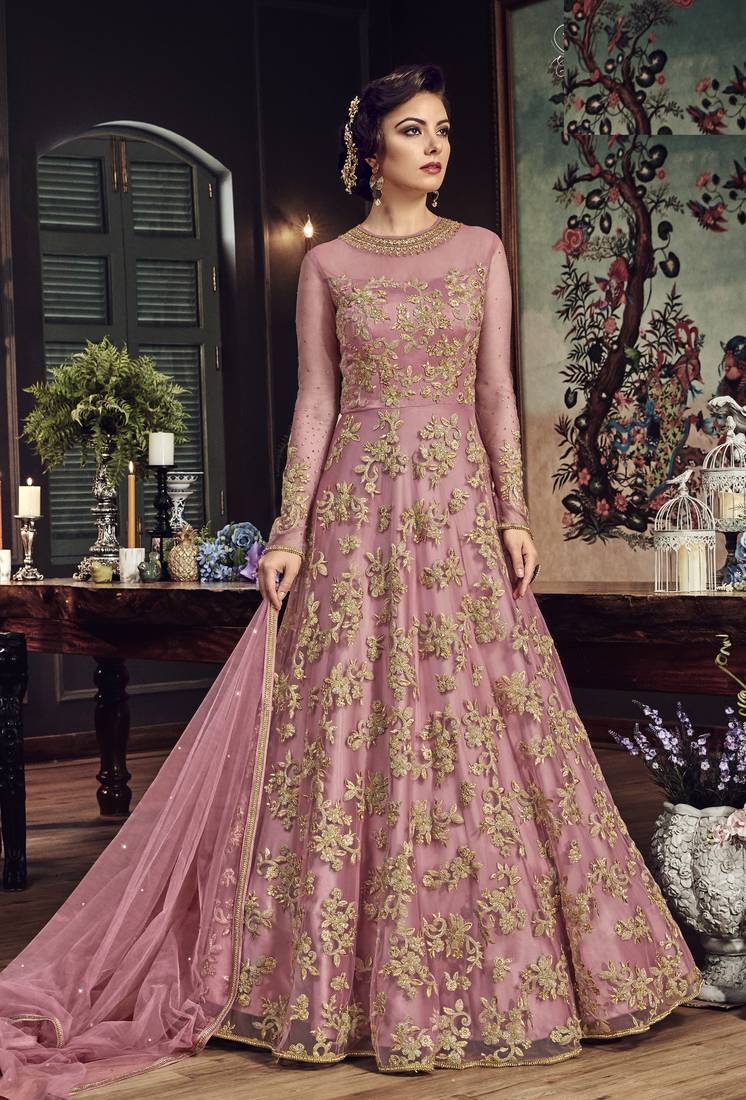 Pink Embroidered Net Salwar With Dupatta