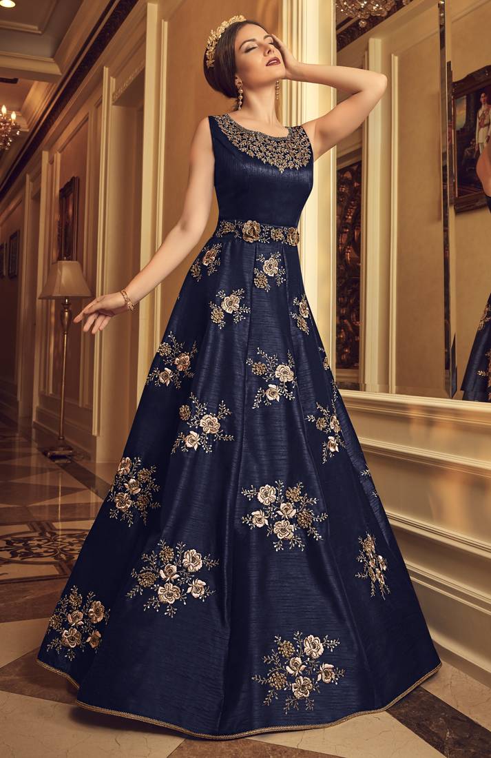Dark-Blue Embroidered Silk Salwar With Dupatta