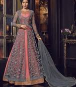 Grey Embroidered Net Salwar With Dupatta